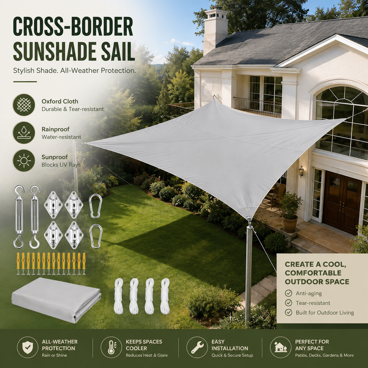 Cross-border sunshade sail shown installed over a large outdoor patio area in front of a house, with product features and included hardware displayed on a green lawn. The image includes text highlighting Oxford cloth durability, rainproof and sunproof qualities, and accessories such as clips, ropes, and a mounting box.