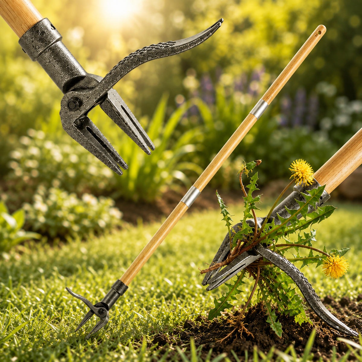 Heavy-Duty Stand-Up Manual Garden Weeder with Wooden Handle