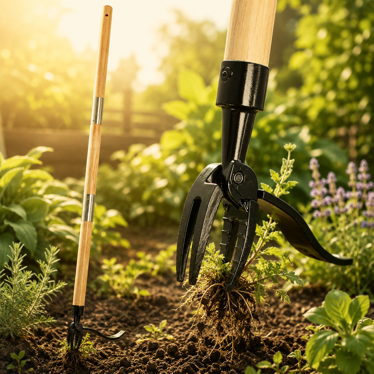 Heavy-Duty Stand-Up Manual Garden Weeder with Wooden Handle