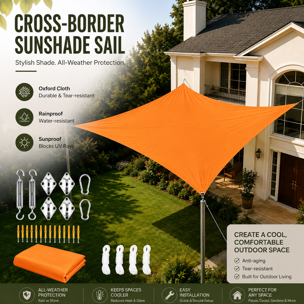 An orange triangular cross-border sunshade sail shown installed over a green lawn in front of a house, with product features, included hardware, and installation benefits displayed on a marketing graphic.