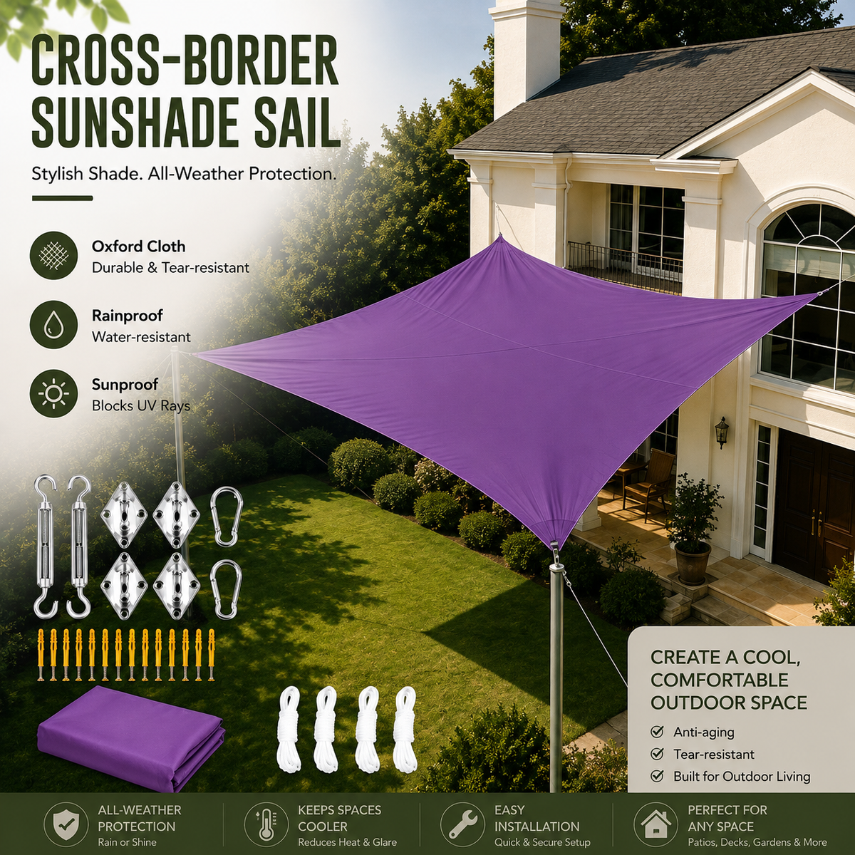 Purple triangular cross-border sunshade sail shown installed over a green lawn in front of a house, with product features, included hardware, folded storage bag, and marketing text on a white background.