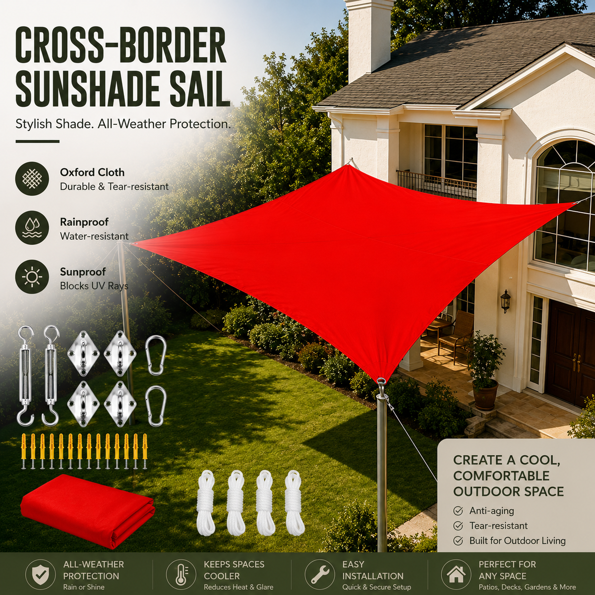 A red cross-border sunshade sail displayed on a house lawn, with product features, included hardware, and lifestyle benefits shown in an outdoor setting next to a house.