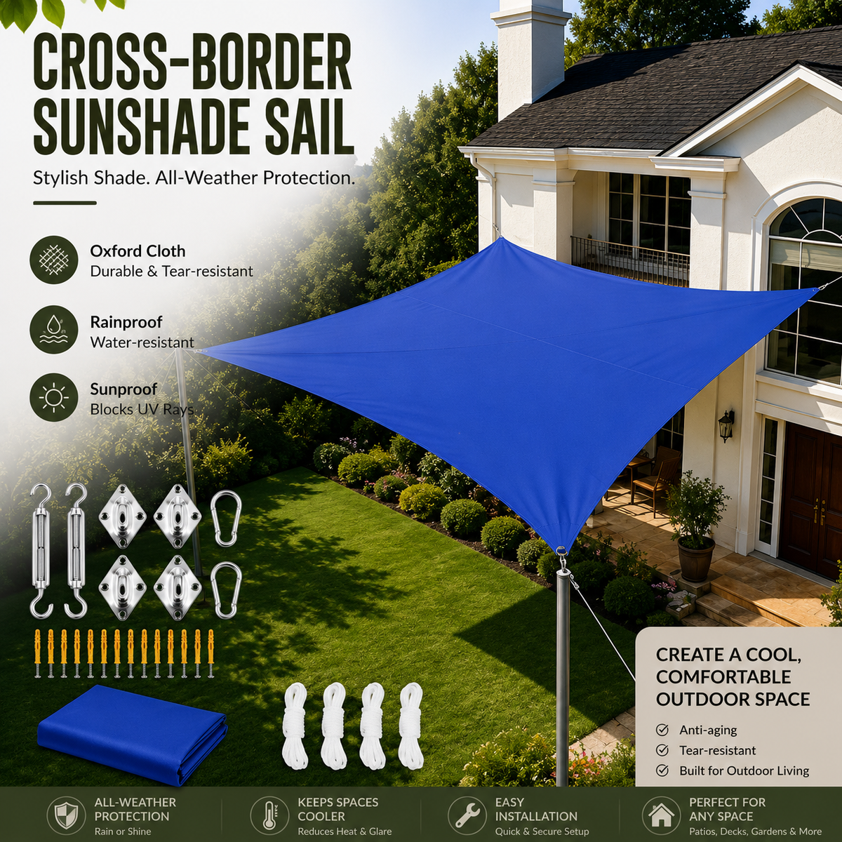 Blue triangular cross-border sunshade sail displayed on a lawn in front of a house, with product features, included hardware, and installation benefits shown in an outdoor marketing layout.