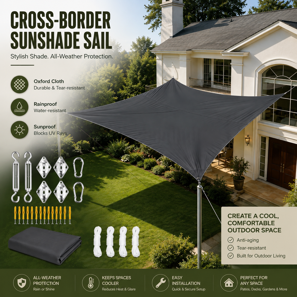Cross-border Sunshade Sail canopy tent shown installed over a green backyard lawn in front of a house, with product features, included hardware, and installation benefits displayed on a promotional graphic.