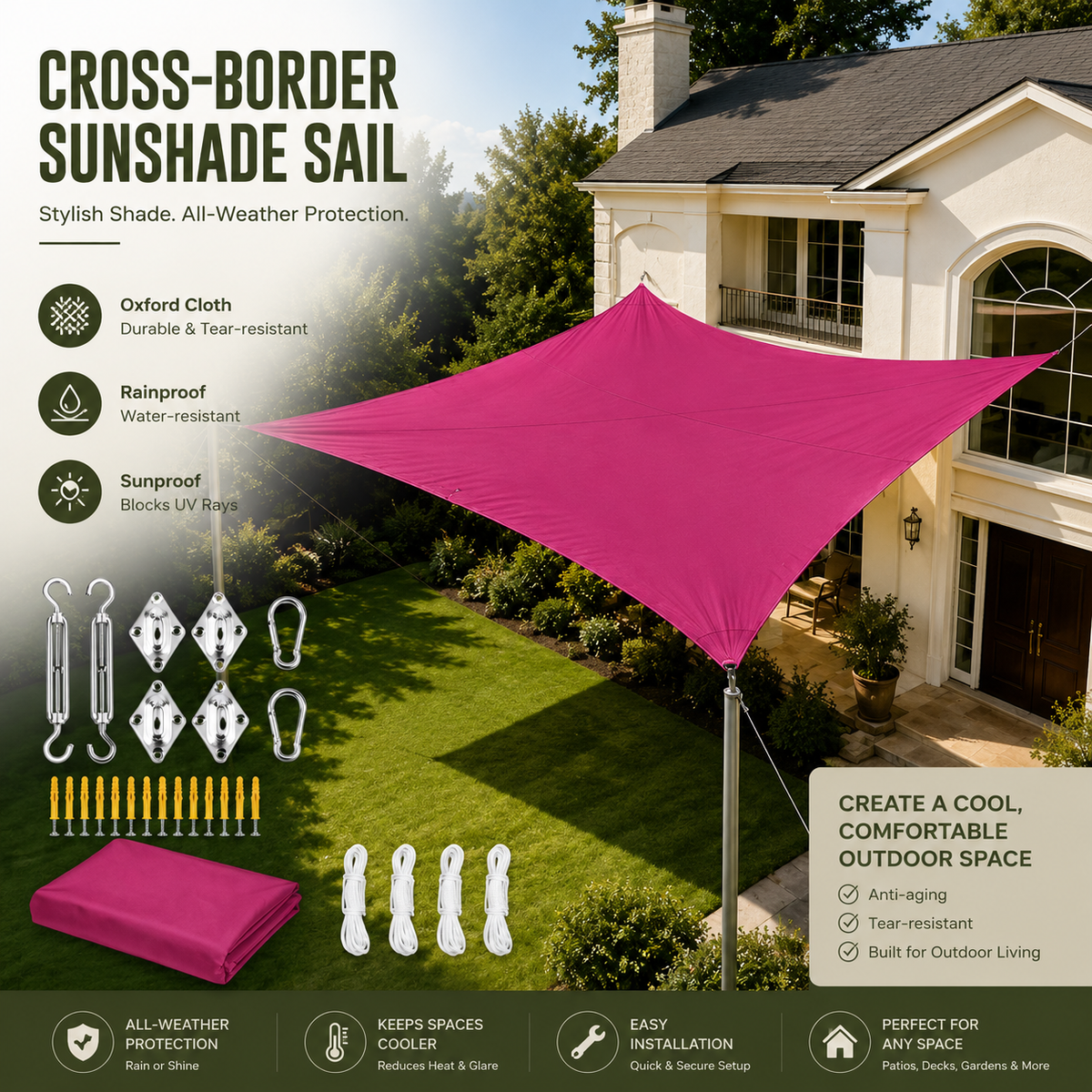 A bright pink cross-border sunshade sail displayed over a green lawn in front of a beige house, with product features, included hardware, folded fabric, and installation accessories shown in an infographic layout.