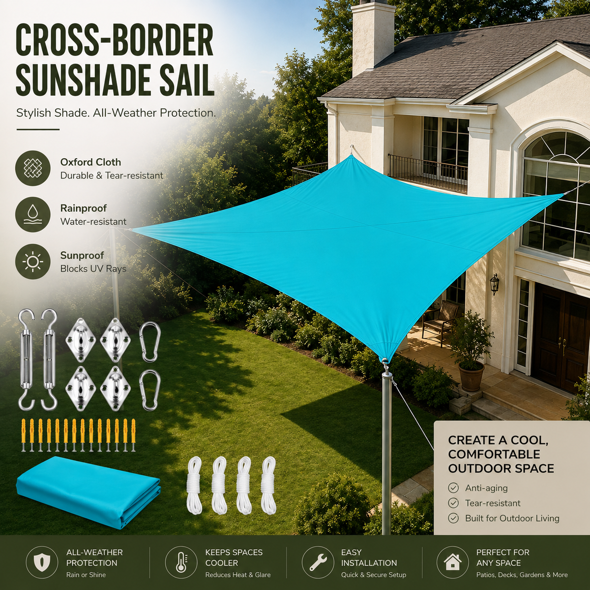 Bright blue cross-border sunshade sail shown installed over a green lawn in front of a house, with product features, included hardware, and installation benefits displayed in text overlays.