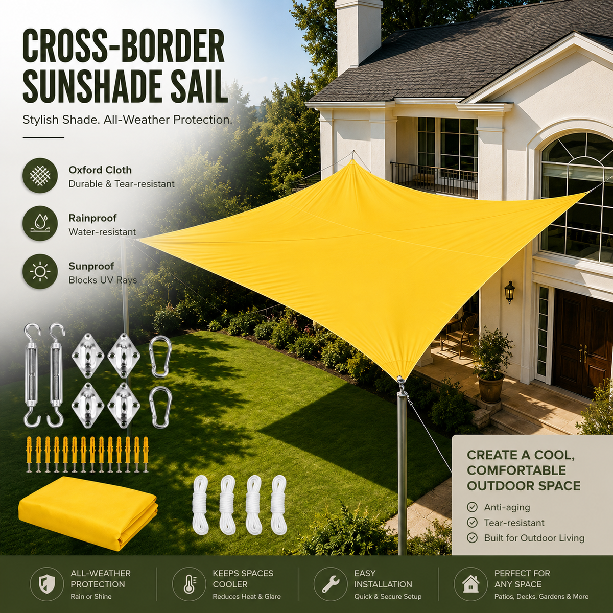 Yellow cross-border sunshade sail shown installed over a green lawn in front of a house, with product features, included hardware, folded storage, and installation benefits displayed in an infographic layout.