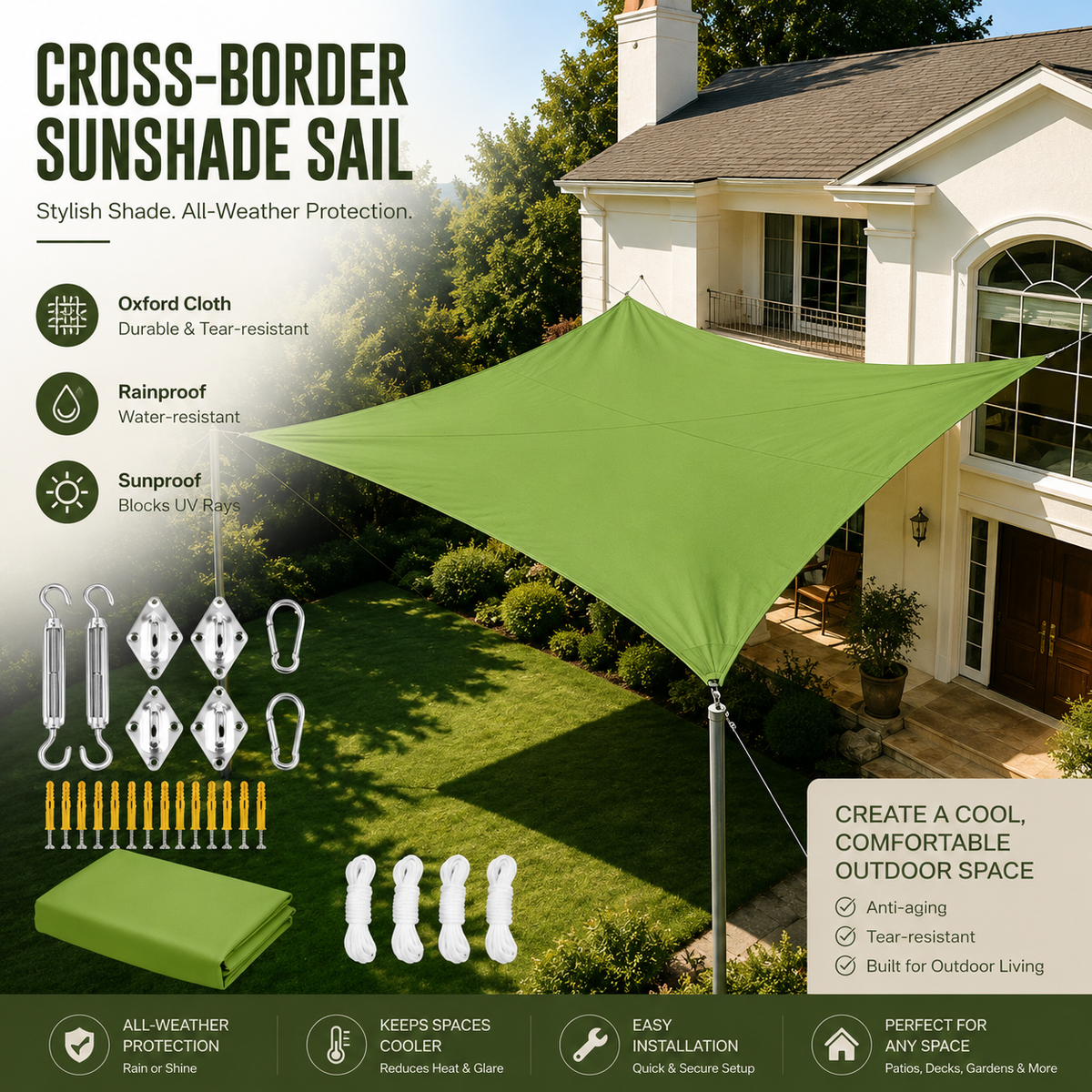 Green cross-border sunshade sail shown installed over a backyard patio area next to a house, with product features, included hardware, and installation benefits displayed on a white background.
