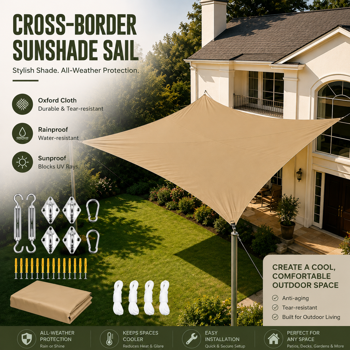 Beige triangular cross-border sunshade sail displayed over a green backyard lawn in front of a house, with product features, included hardware, and care icons listed on the left and right sides.