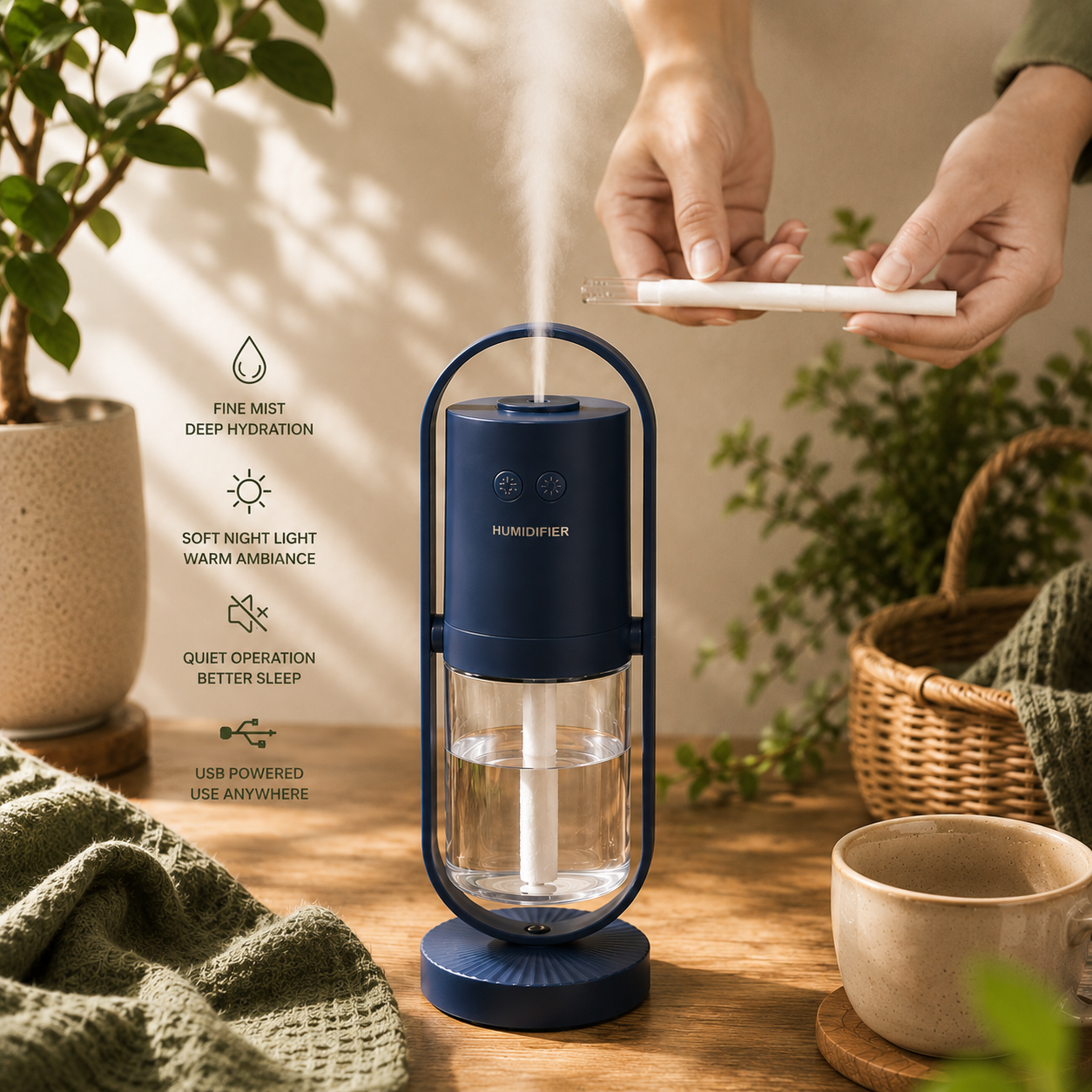 A navy blue portable humidifier with a clear water tank and misting function, shown on a wooden table with a person holding a glass above it. The scene includes decorative plants, a woven basket, a cup, and a list of product features on the left.