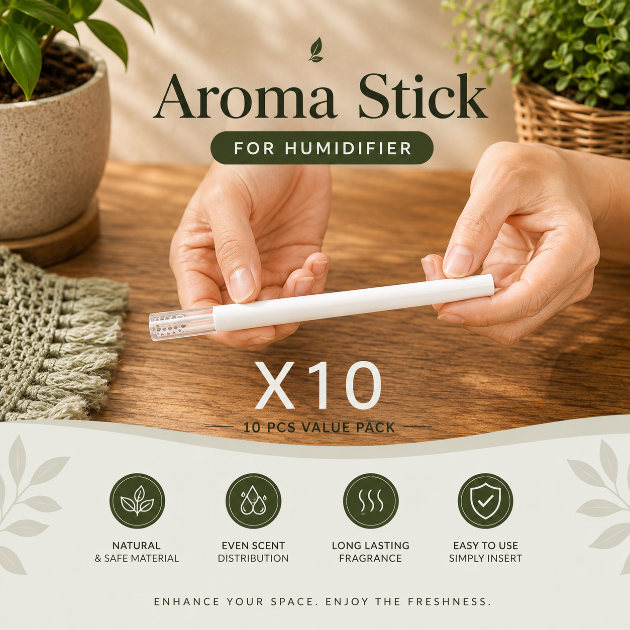 A person's hands holding a white Aroma Stick for humidifier, shown in a cozy home setting with a wooden table, plants, and a blanket. The graphic includes text overlays 'Aroma Stick FOR HUMIDIFIER', 'X10', and feature icons at the bottom.