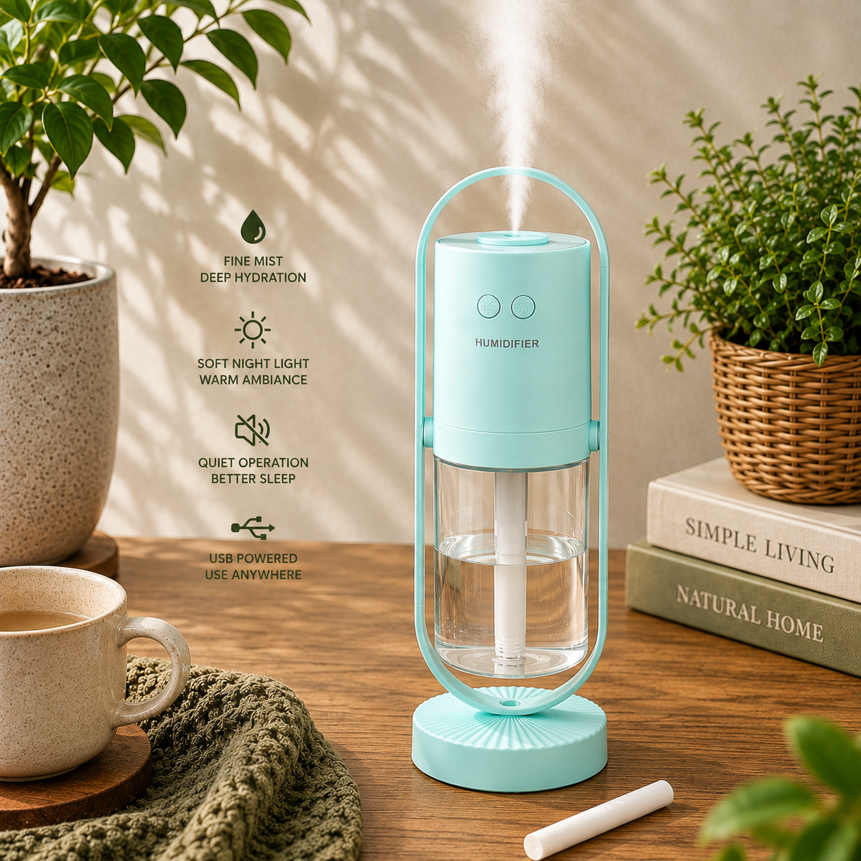 A mint green portable humidifier with a clear water tank and misting function, shown on a wooden table surrounded by lifestyle props including a coffee cup, books, and potted plants. Text overlays on the left highlight key features like deep hydration and quiet operation.