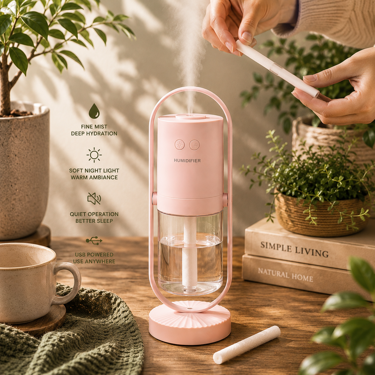 A pink portable humidifier with a clear water tank and pink base, shown on a wooden table with a person holding a refill cartridge. The scene includes plants, a mug, books, and marketing text highlighting features like fine mist deep hydration and quiet operation.