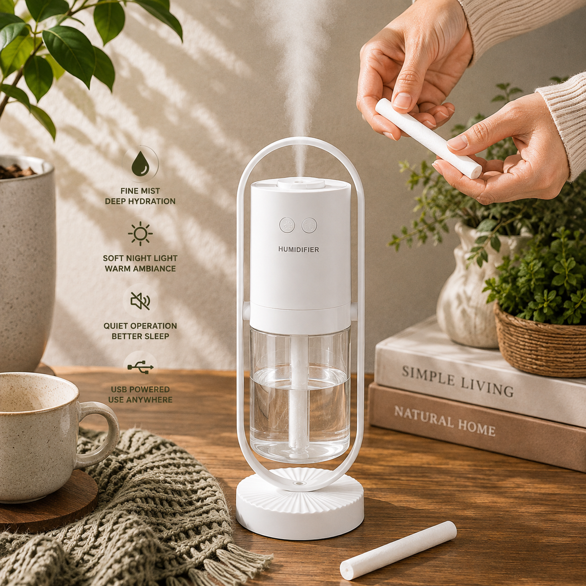 A white humidifier with a clear water tank sits on a wooden table, with a person's hands holding a white refill cartridge above it. The scene includes decorative plants, a mug, books, and text callouts about fine mist, deep hydration, warm ambiance, and quiet operation.