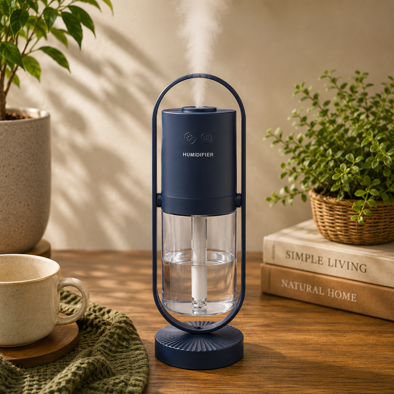 A portable humidifier with a dark blue top and base, a clear water tank, and a metal stand, shown on a wooden table with plants, a mug, and books in a warm indoor setting.