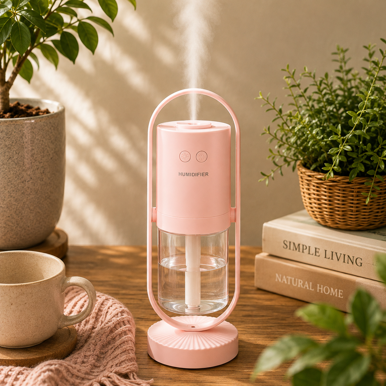 A pink humidifier with a clear water tank and misting function, styled on a wooden table with a mug, books, and potted plants.