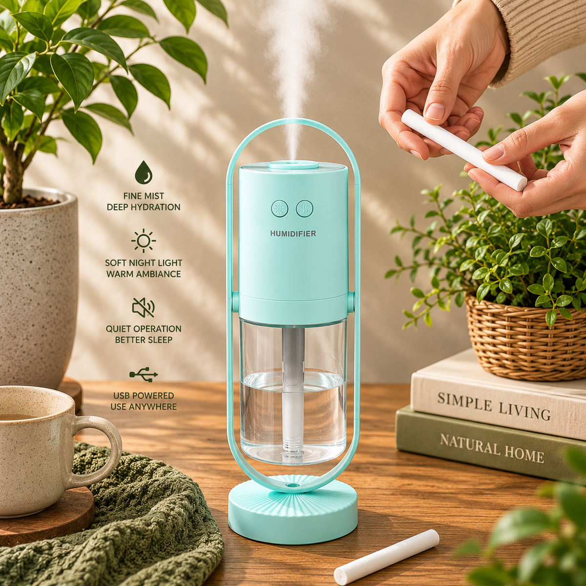 A mint green portable humidifier with a clear water tank and hanging handle sits on a wooden table, surrounded by lifestyle props including books, a mug, and potted plants. A person's hands are shown holding a charging cable near the device.