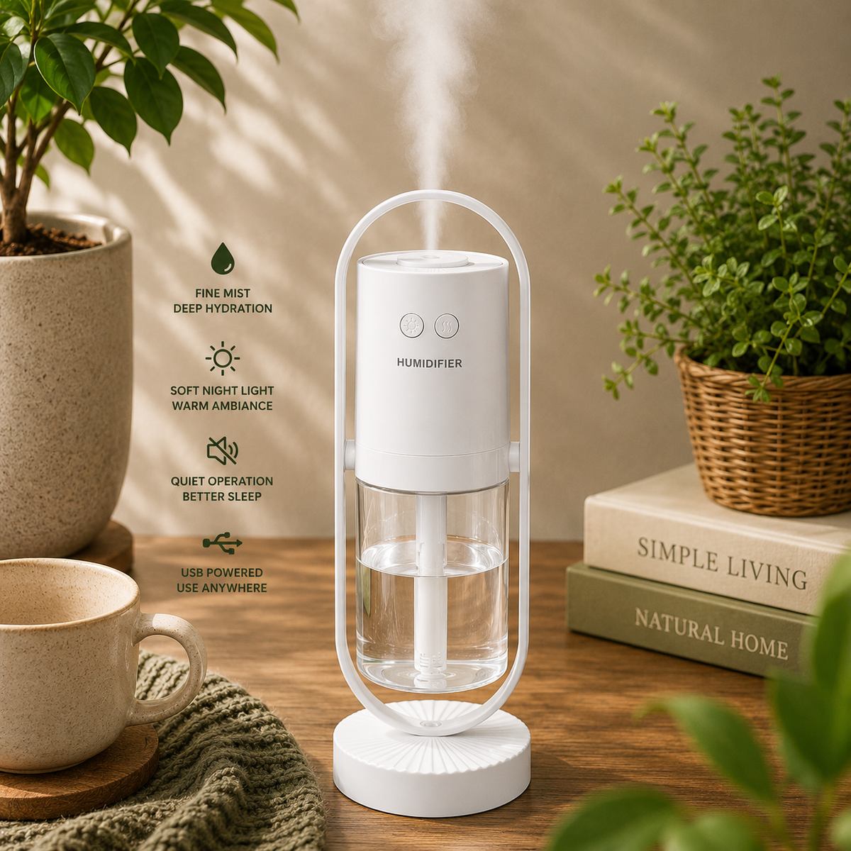 A white and clear humidifier sits on a wooden table in a styled home setting, with plants, a mug, books, and steam visibly rising from the top. Text on the left lists features such as fine mist deep hydration, soft night light warm ambiance, quiet operation better sleep, and USB powered use anywhere.