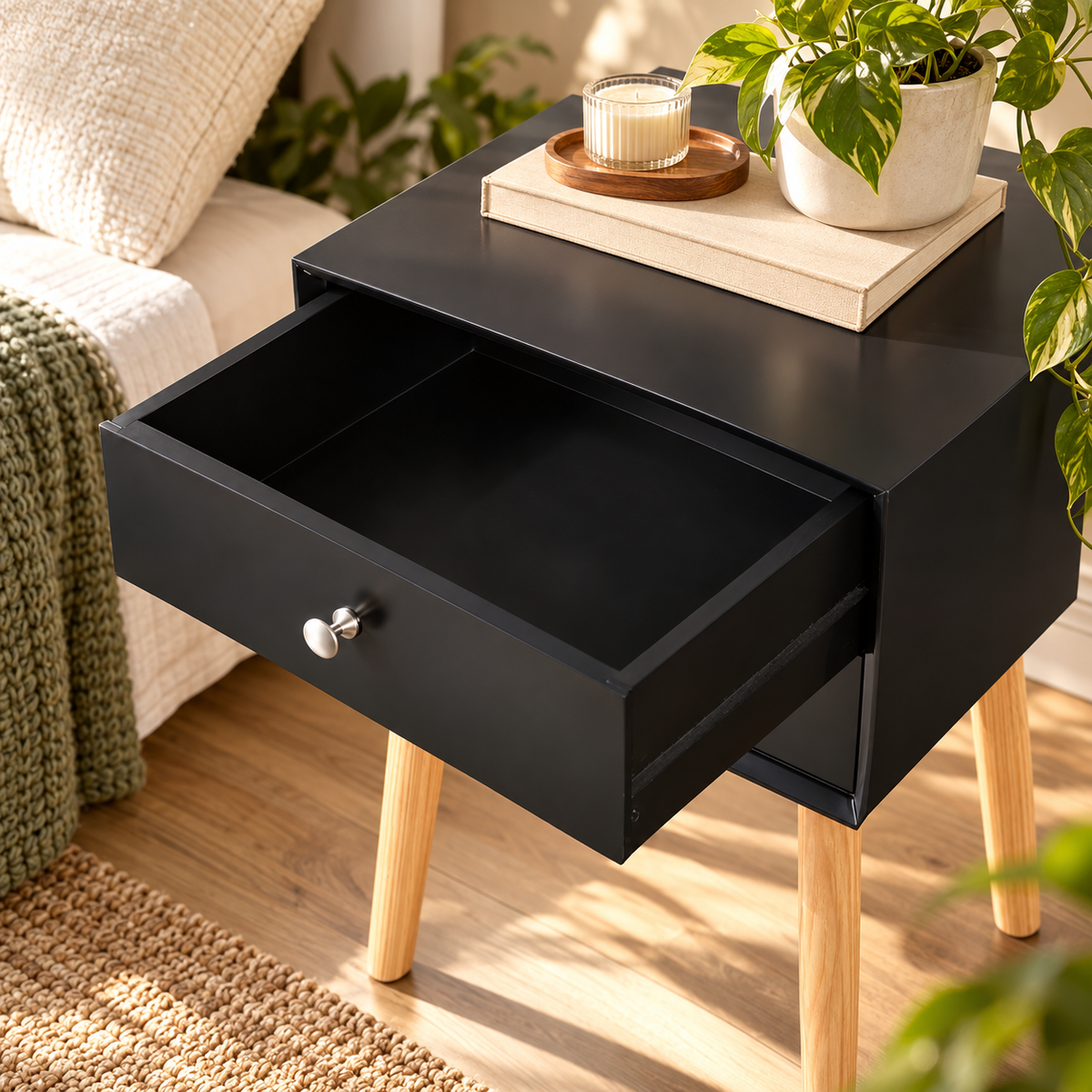 Mid-Century Modern Bedside Table with 2 Drawers & Rubber Wood Legs