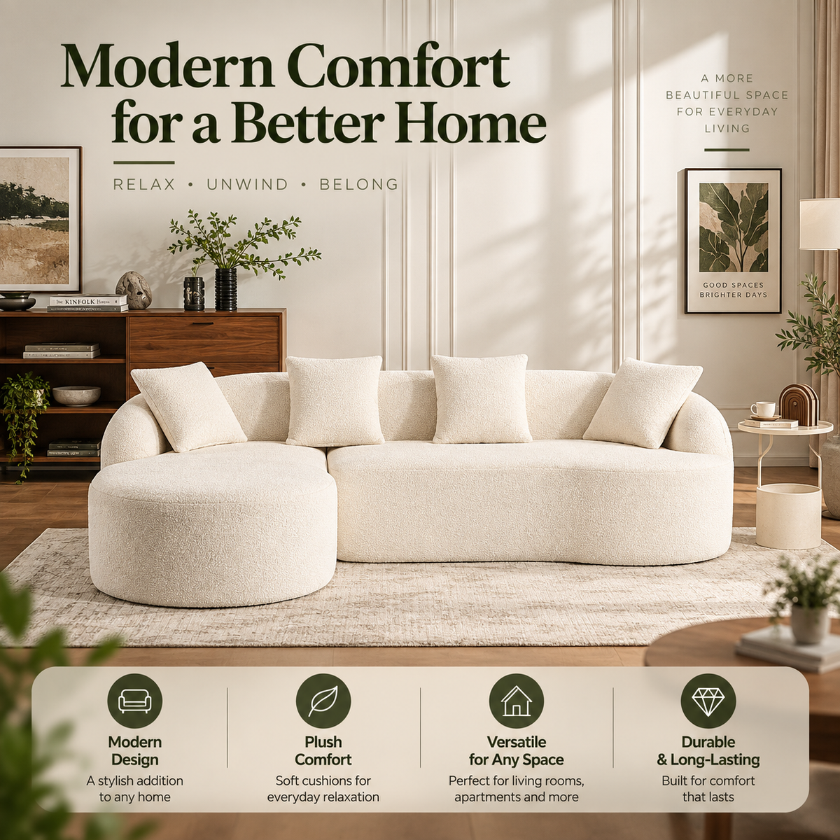 Modern Chenille Sectional Sofa with Chaise & 4 Pillows