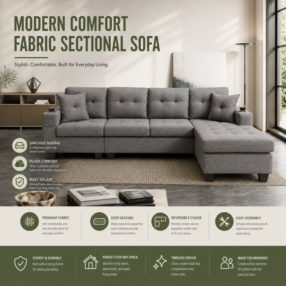 Modern Comfort Fabric Sectional Sofa
