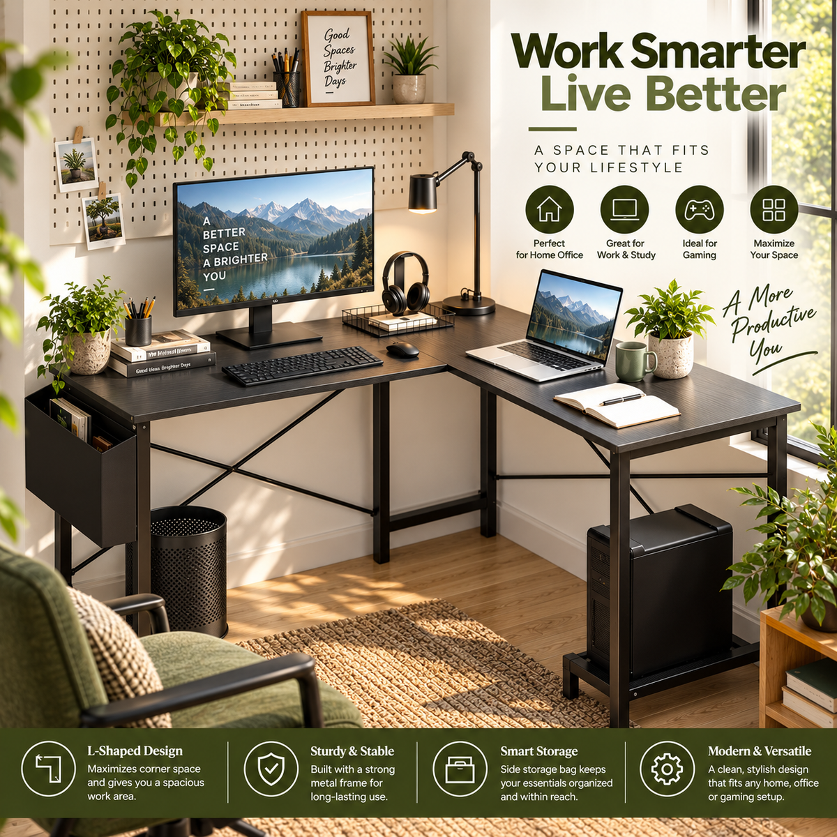 Modern L-Shaped Computer Desk – Spacious Corner Workstation