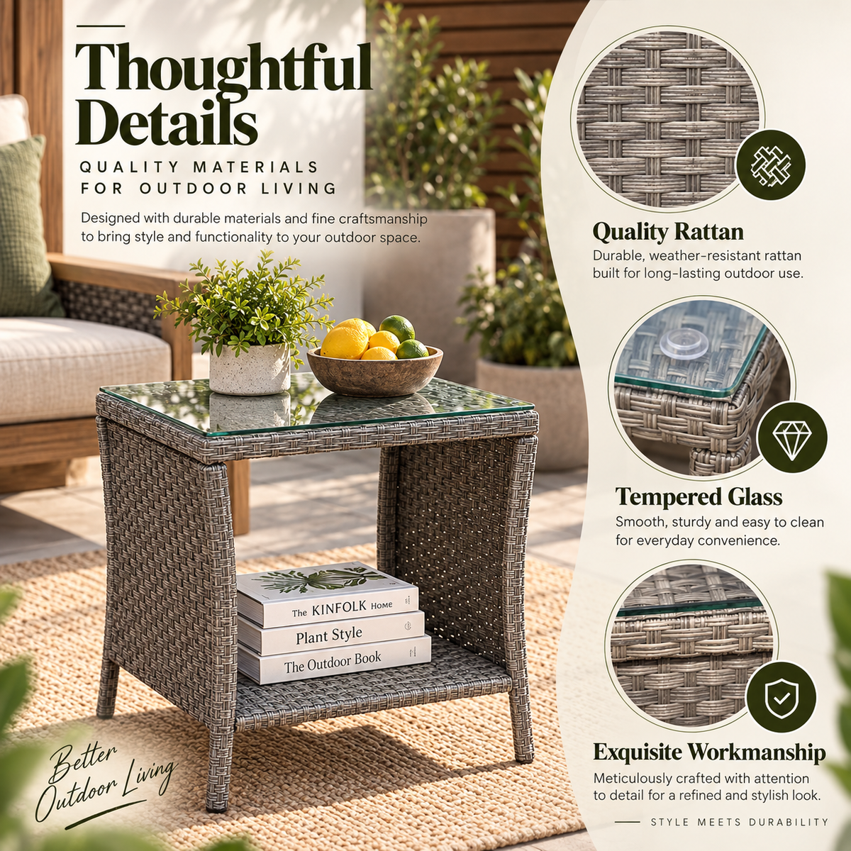 Modern Outdoor Patio Coffee Table – Clear Tempered Glass Top