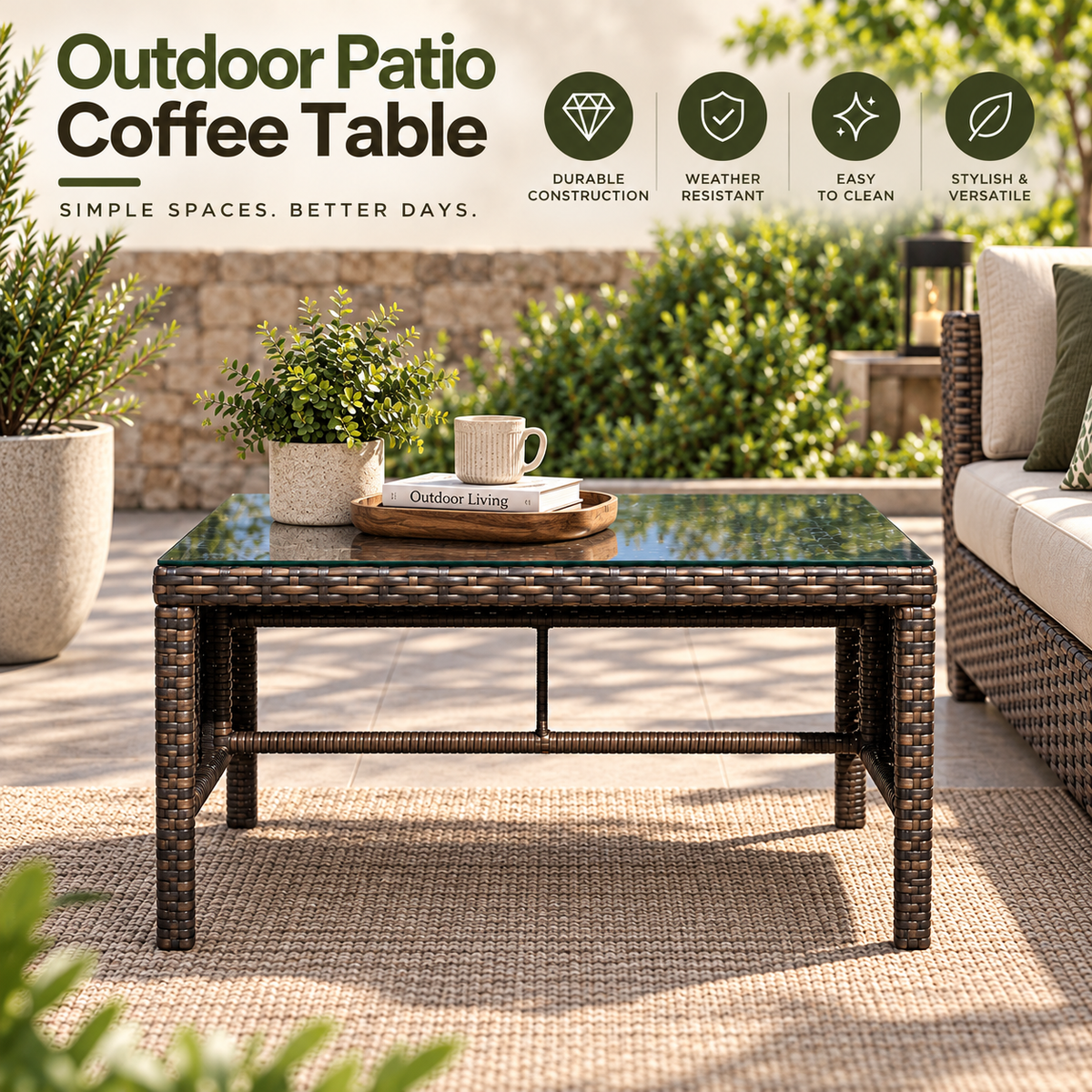 Modern Outdoor Patio Coffee Table – Tempered Glass Top