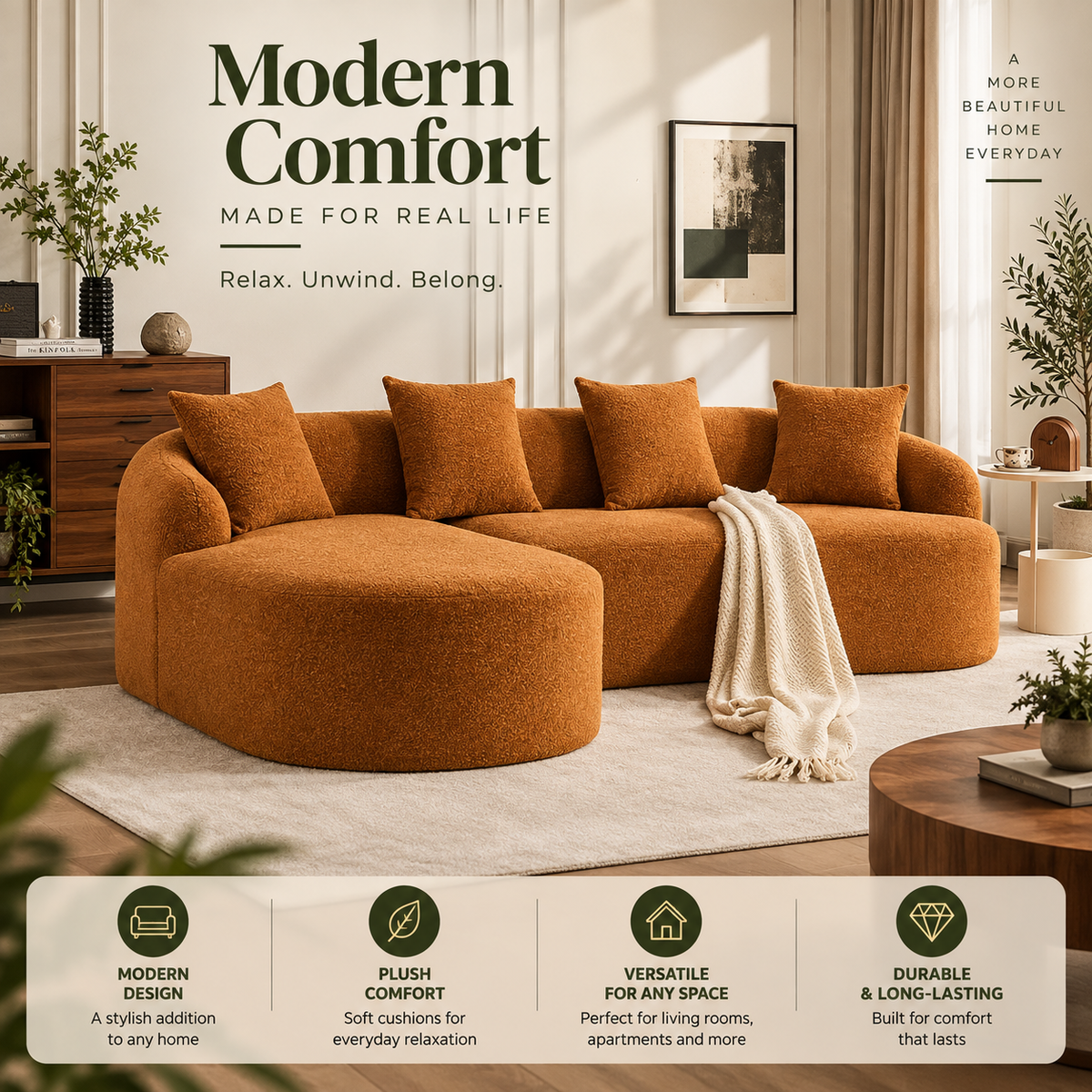 Modern Chenille Sectional Sofa with Chaise & 4 Pillows