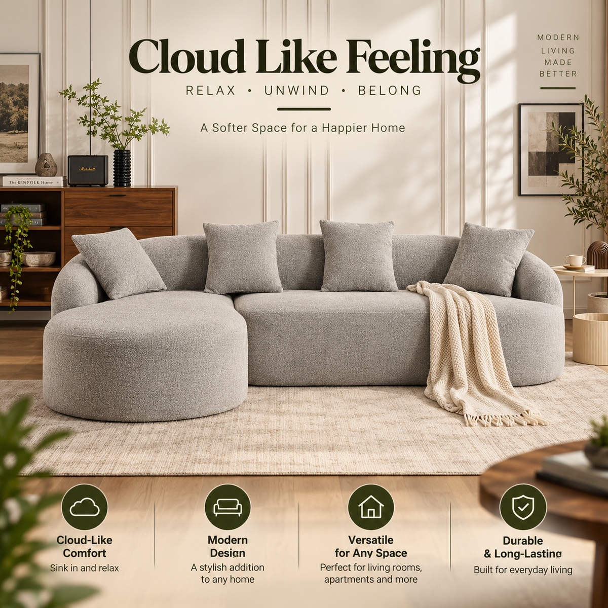 Modern Chenille Sectional Sofa with Chaise & 4 Pillows