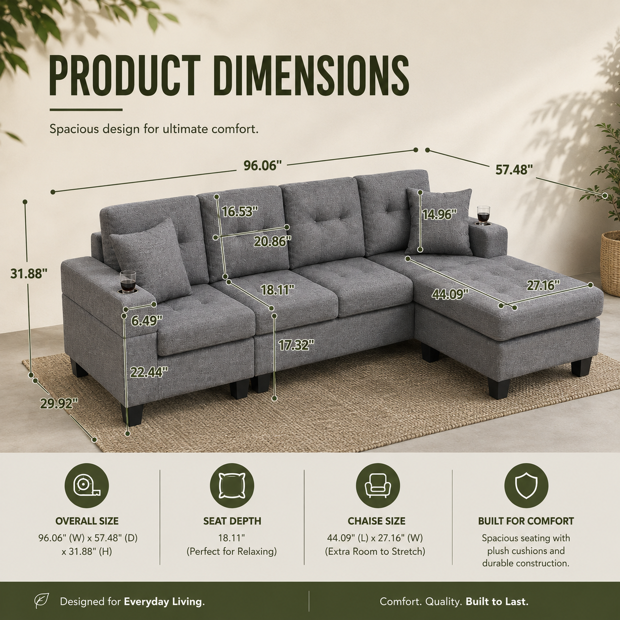 Modern Comfort Fabric Sectional Sofa