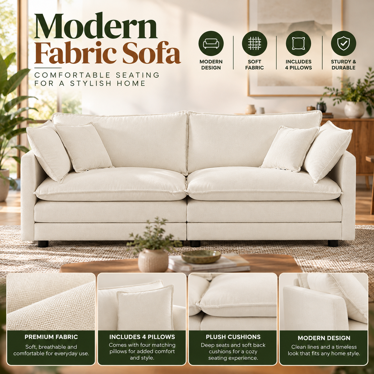 Modern Fabric 2-Seater Sofa with 4 Throw Pillows