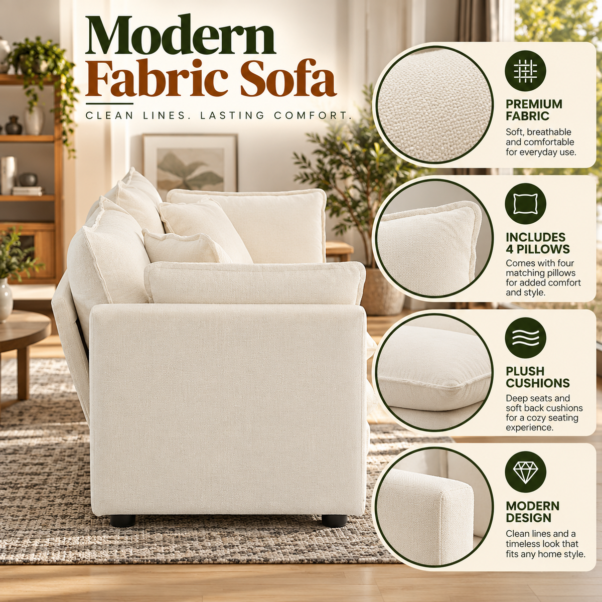 Modern Fabric 2-Seater Sofa with 4 Throw Pillows