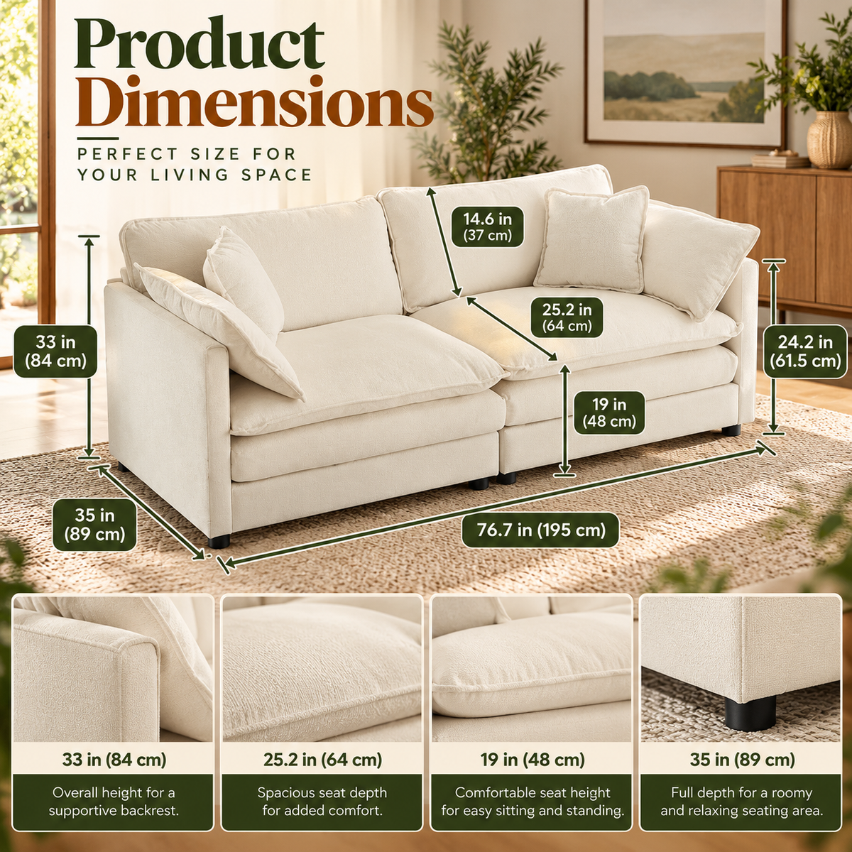 Modern Fabric 2-Seater Sofa with 4 Throw Pillows