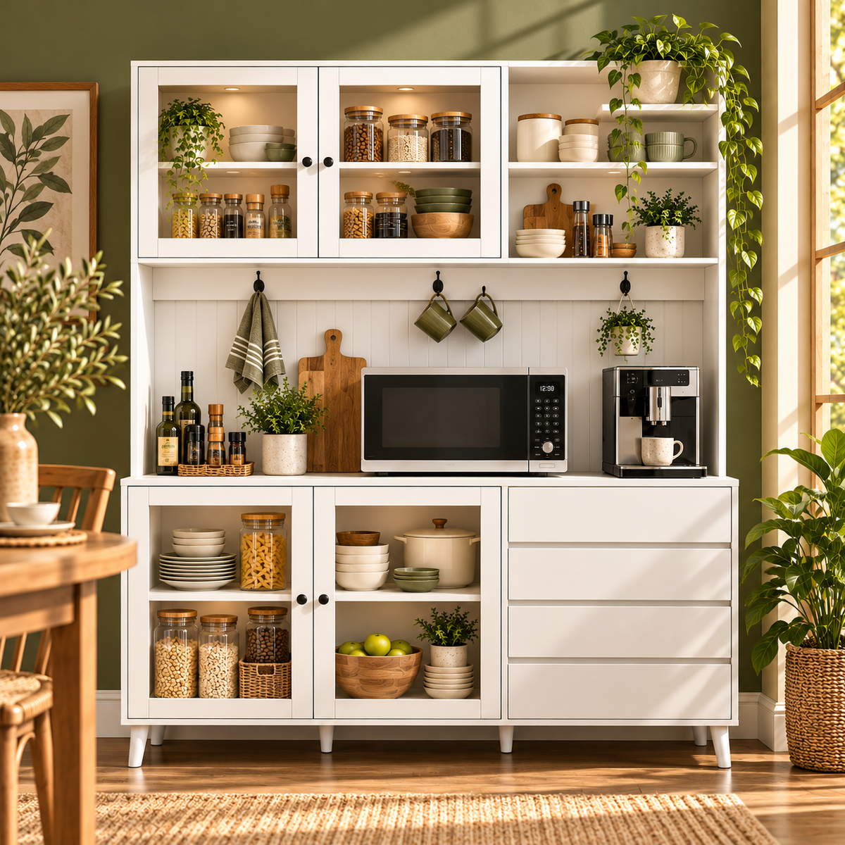 Modern Kitchen Hutch Cabinet – Freestanding Pantry with Microwave Shelf, 4 Doors & 4 Drawers
