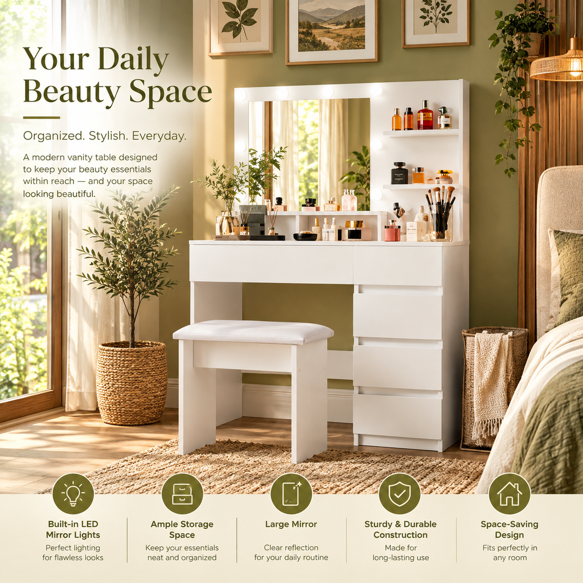Modern Makeup Vanity Desk with Mirror, LED Lights & Storage – White Vanity Set with Stool