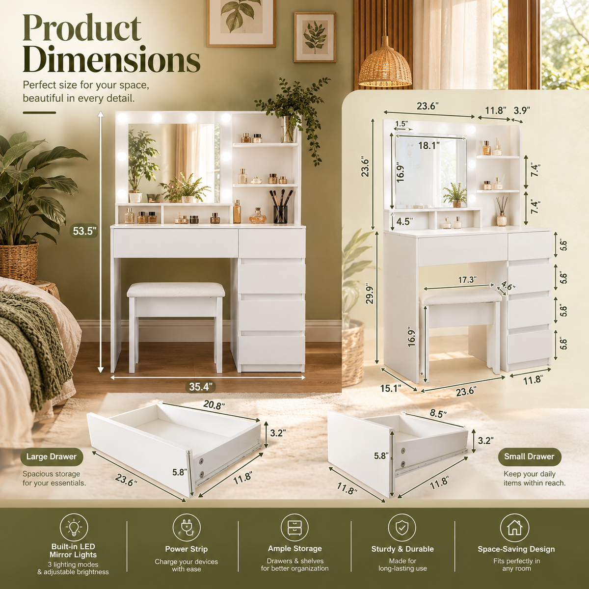 Modern Makeup Vanity Desk with Mirror, LED Lights & Storage – White Vanity Set with Stool