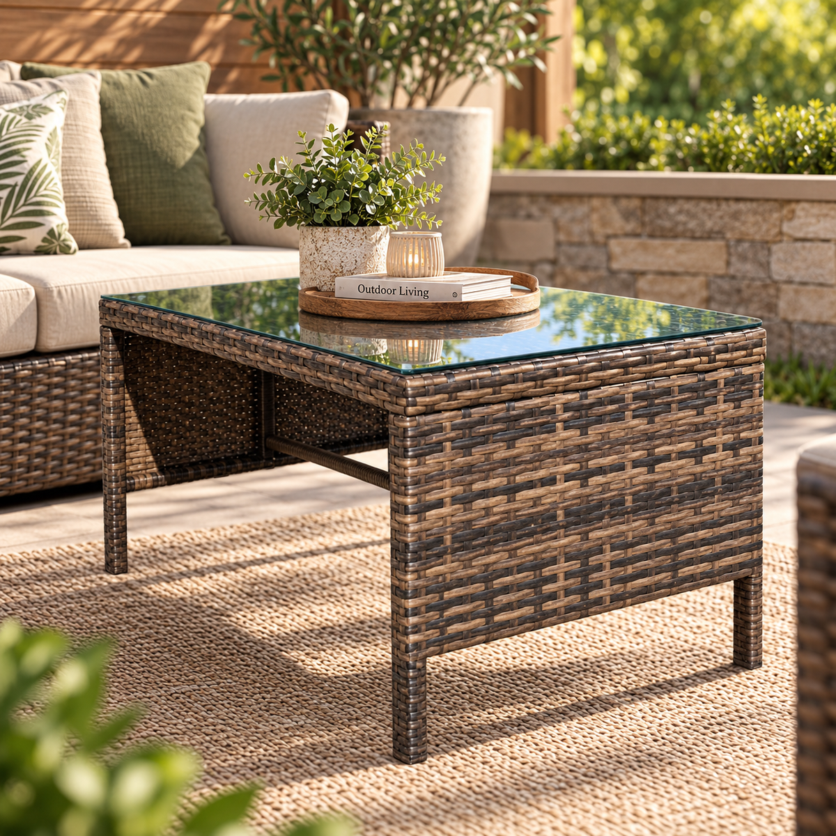 Modern Outdoor Patio Coffee Table – Tempered Glass Top