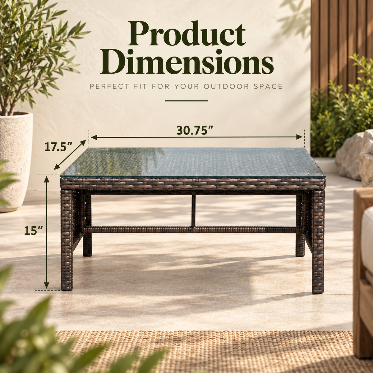 Modern Outdoor Patio Coffee Table – Tempered Glass Top