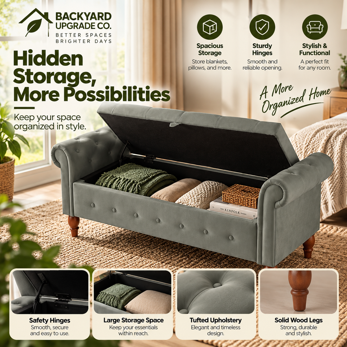 Modern Velvet Storage Ottoman – Multifunctional Rectangular Bench