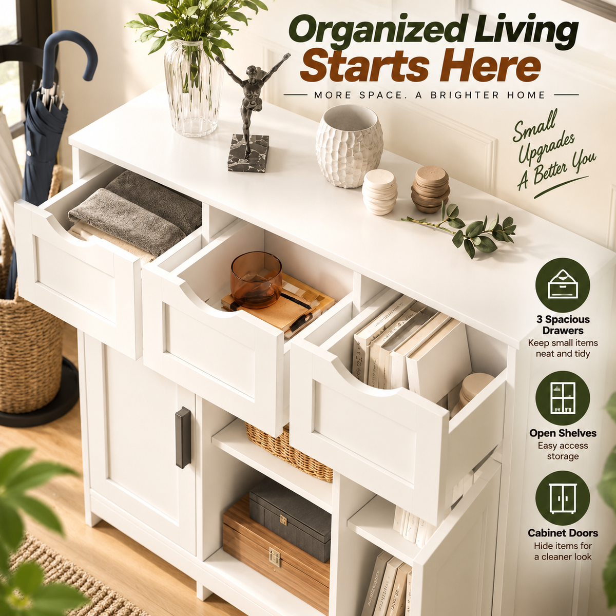 Modern Wooden Storage Cabinet – Accent Sideboard with Drawers & Shelves