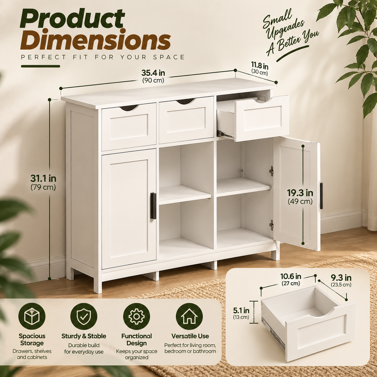 Modern Wooden Storage Cabinet – Accent Sideboard with Drawers & Shelves