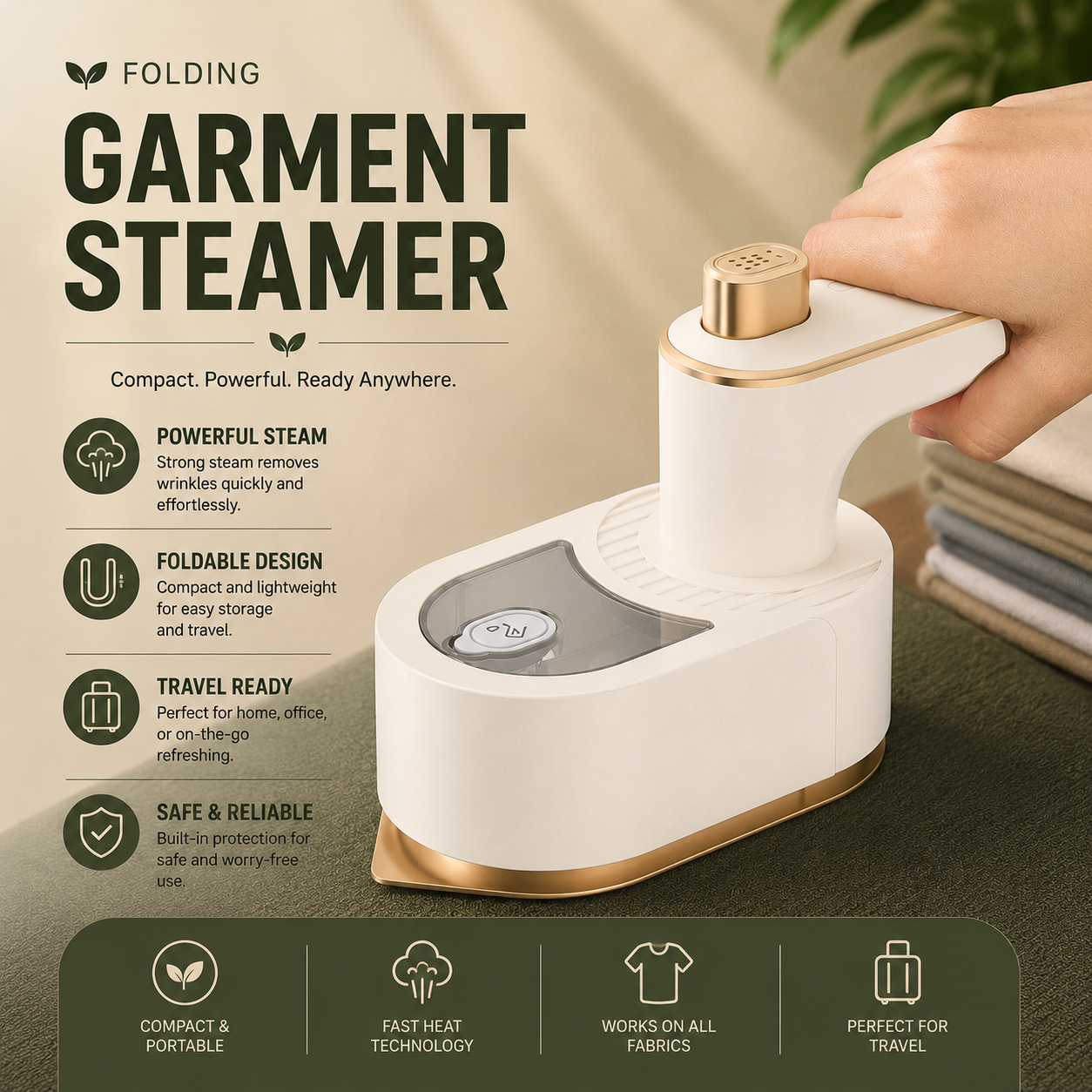 Portable Folding Garment Steamer – Handheld Wrinkle Remover for Home & Travel