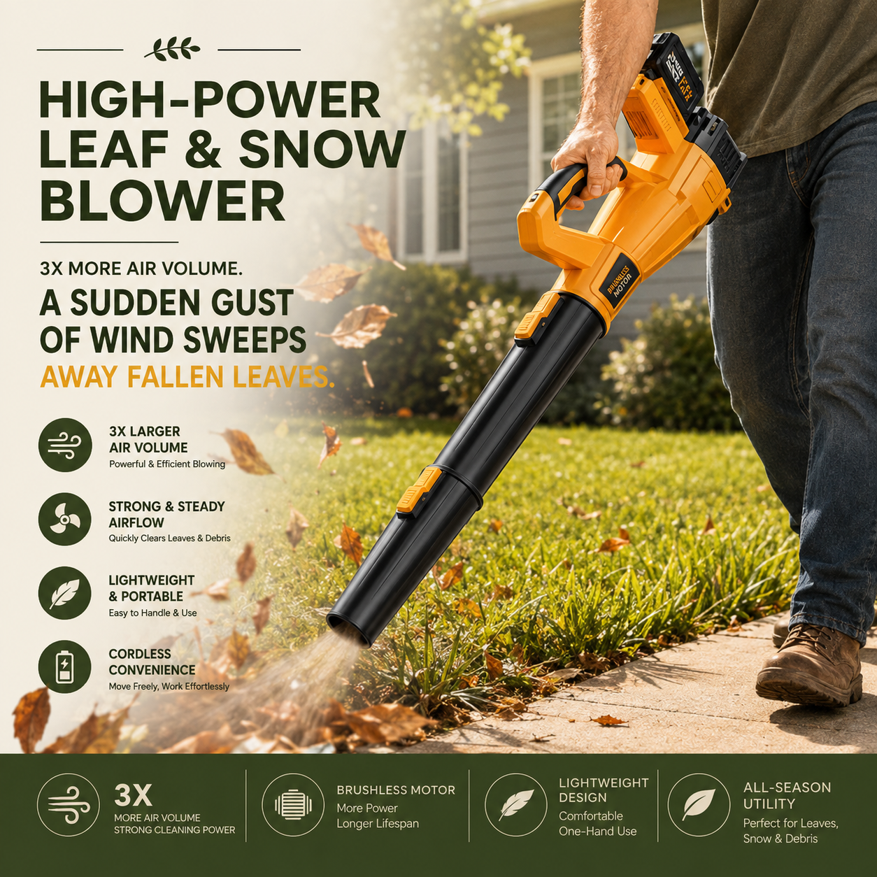 A person outdoors using a high-power leaf blower to blow fallen leaves across a lawn. The product is a cordless leaf blower with a black body and bright orange/yellow accents, shown in a real yard setting with promotional text overlays.