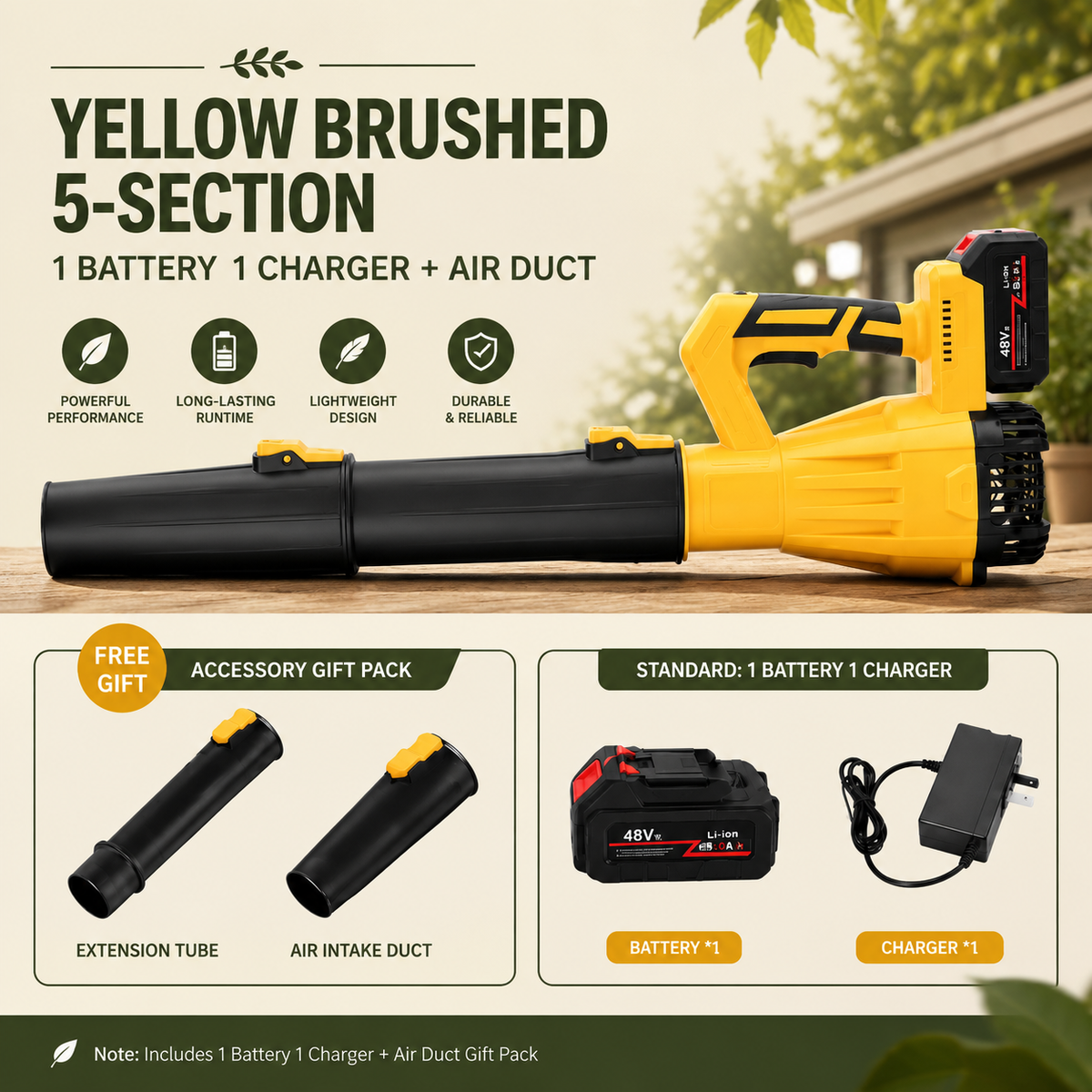 Yellow and black 5-section cordless leaf blower shown on a wooden deck with promotional text, icons, and accessory gift pack contents including an extension tube, air intake duct, battery, and charger.