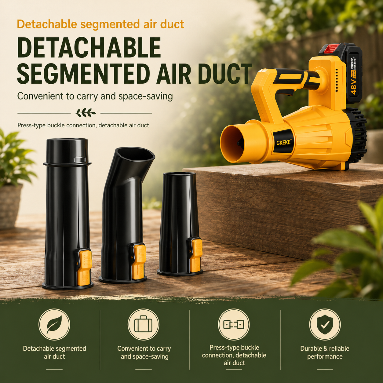 A cordless leaf blower shown with three black detachable segmented air ducts on a wooden surface, with outdoor foliage blurred in the background and marketing text at the top and bottom.