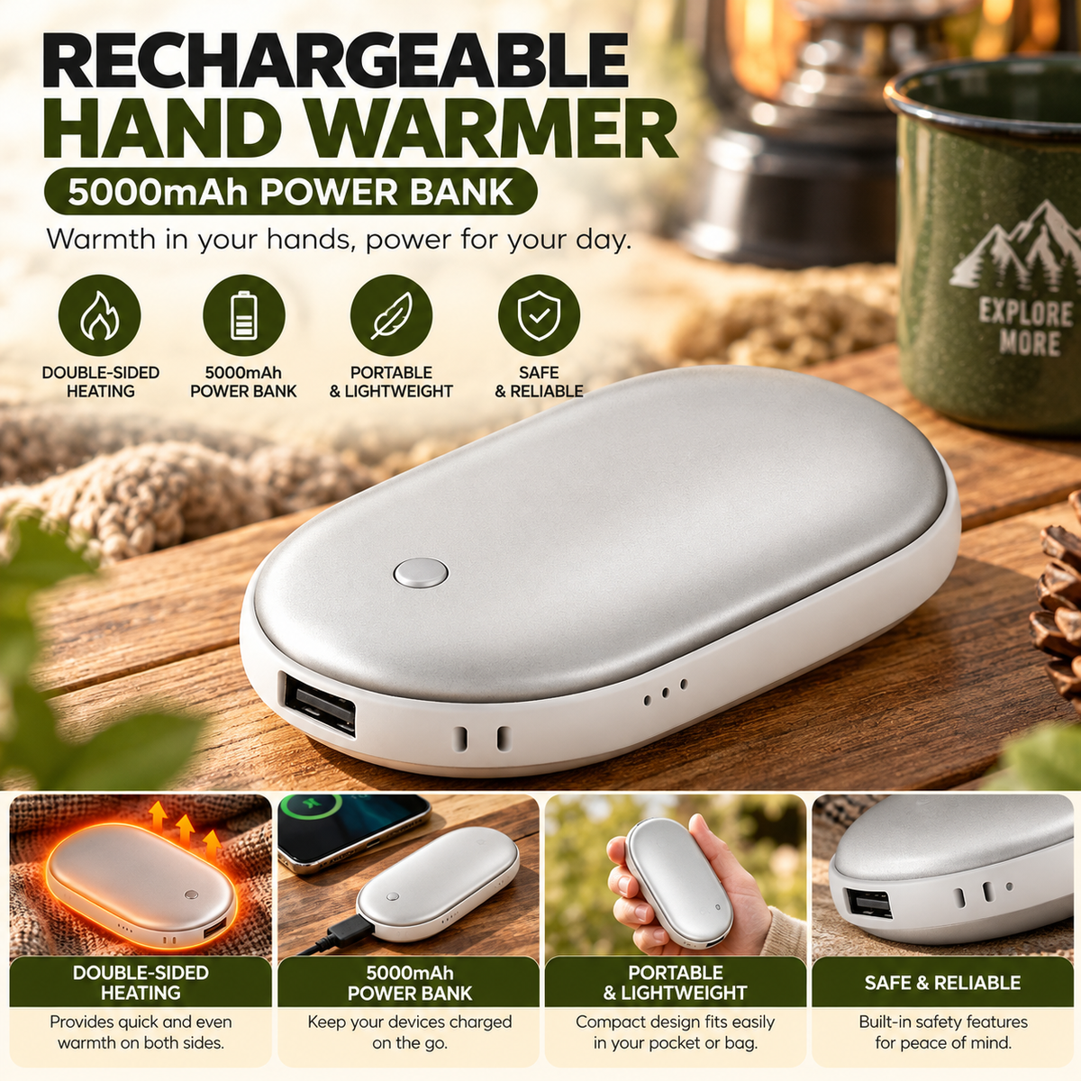 Rechargeable Hand Warmer & 5000mAh Power Bank – Double-Sided Pocket Heater