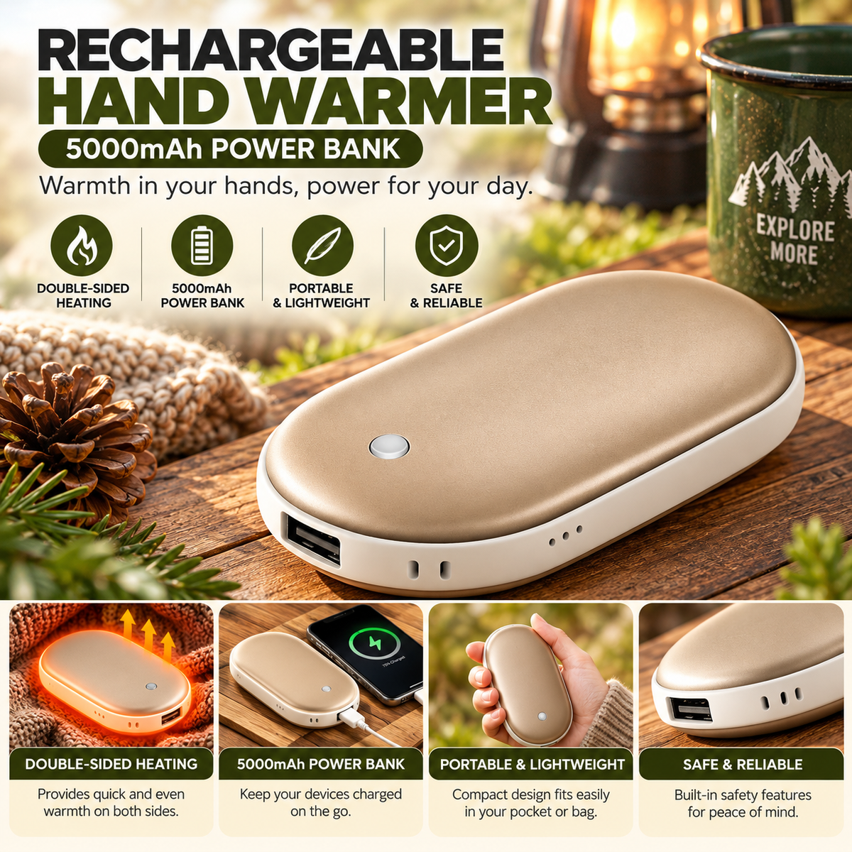 Rechargeable Hand Warmer & 5000mAh Power Bank – Double-Sided Pocket Heater