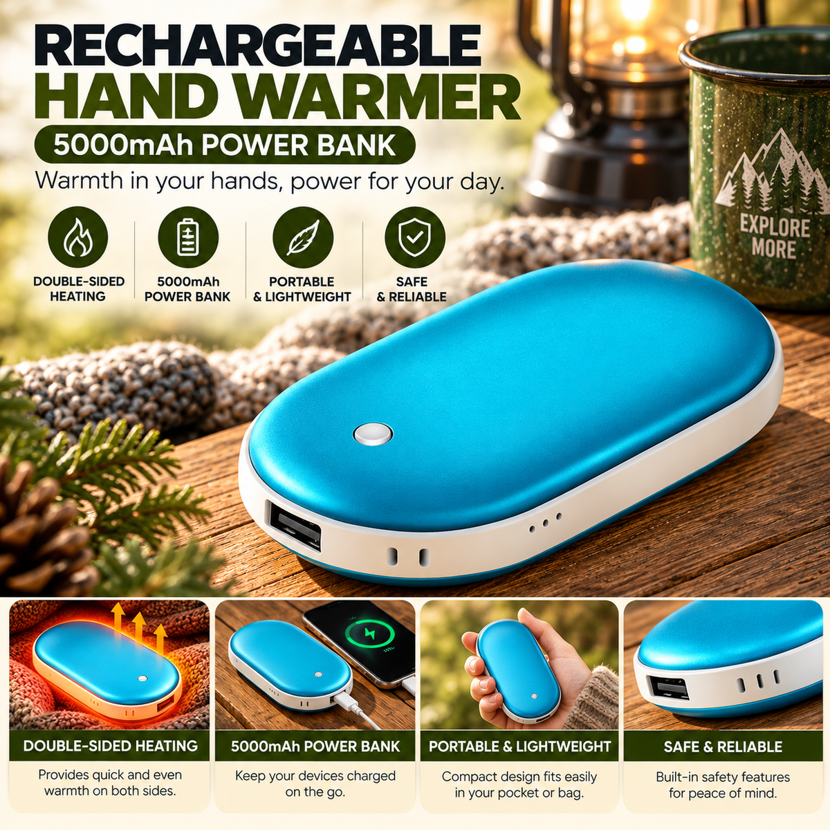 Rechargeable Hand Warmer & 5000mAh Power Bank – Double-Sided Pocket Heater