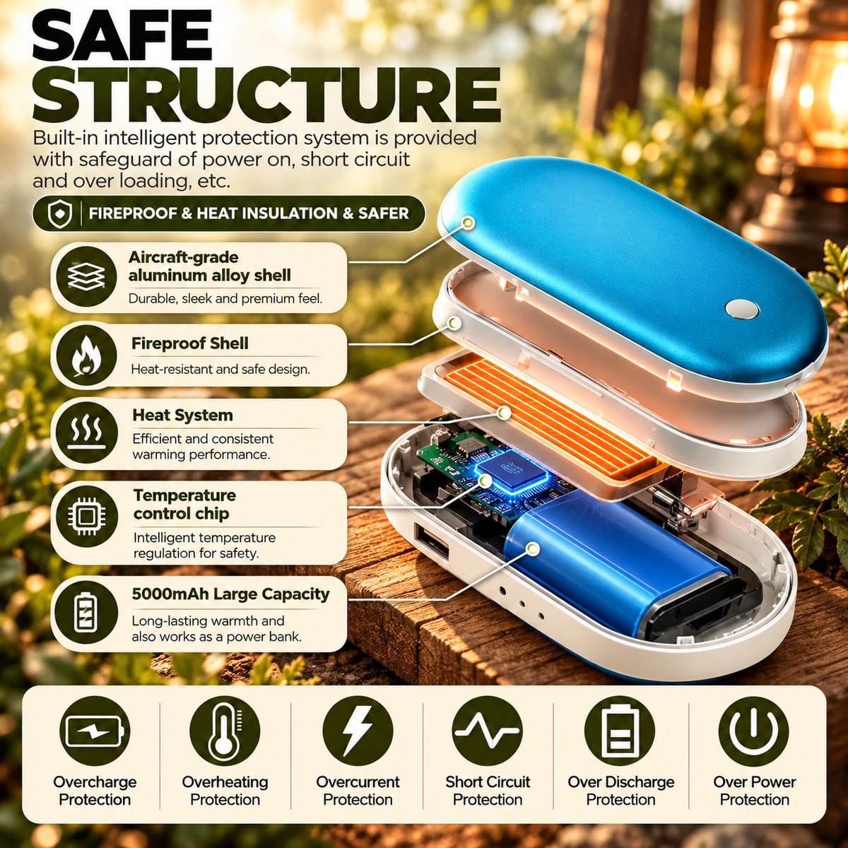 Rechargeable Hand Warmer & 5000mAh Power Bank – Double-Sided Pocket Heater